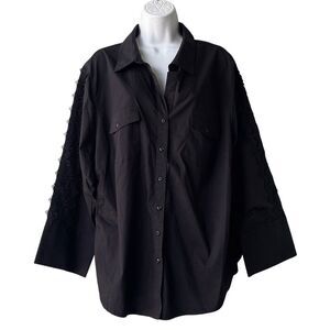 ZAC RACHEL Tunic Top Plus 3X Black Lace Trim Sleeves Pockets Button Down Shirt